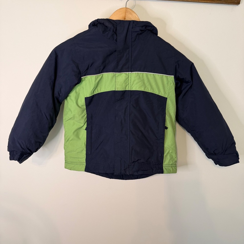 LL Bean Kids Wildcat Jacket Navy Blue Lime Green Insulated Hooded Coat Size 6X/7